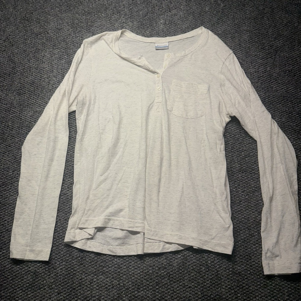 Columbia Women's Heathered White Long Sleeve Henley Button Front Top Size XL